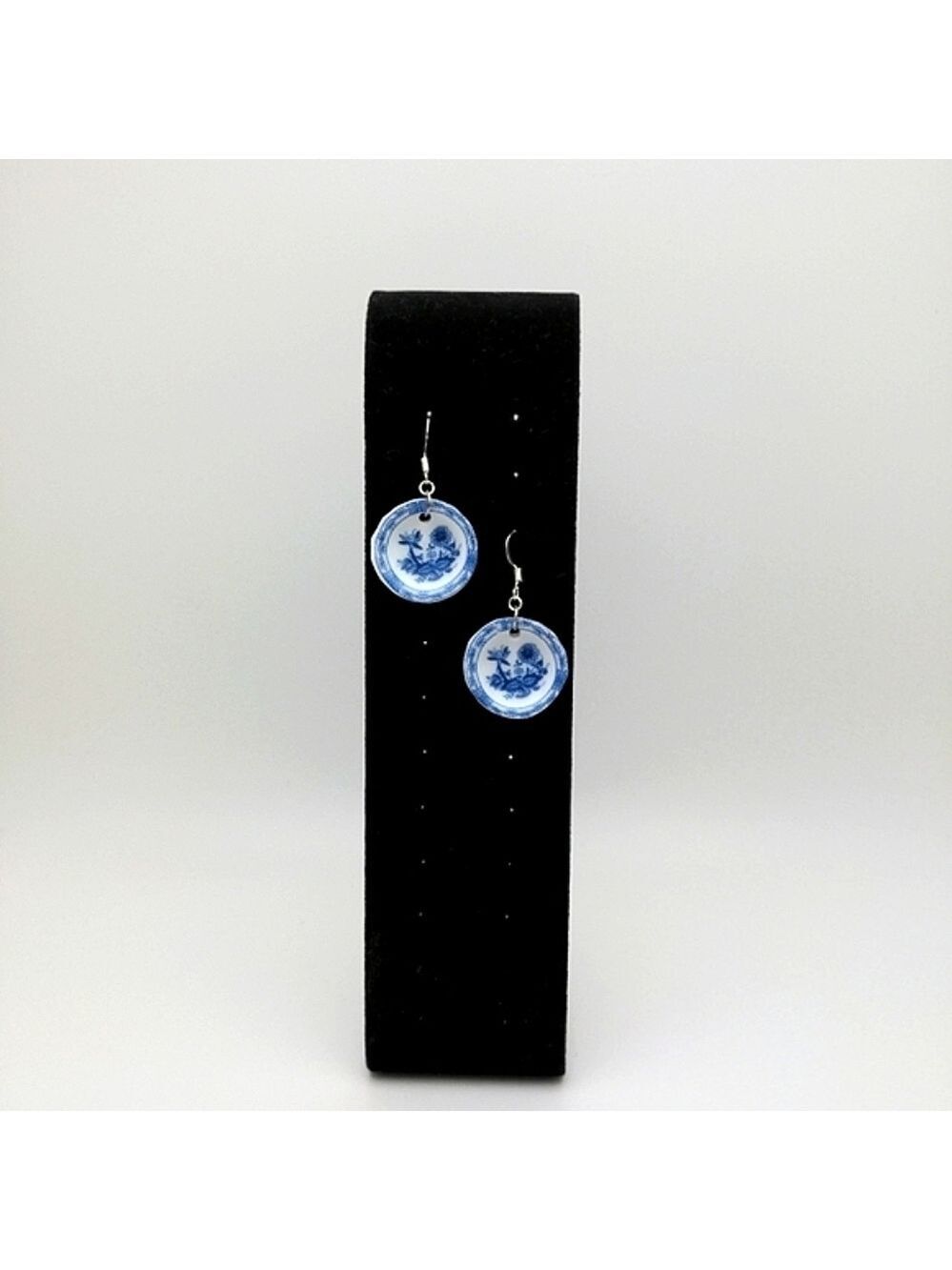 Blue White Floral Delft Ceramic Plate Earrings - Picture 7 of 7